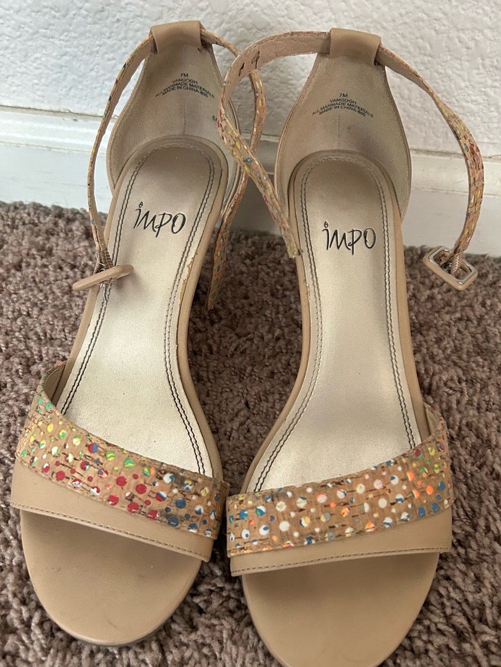 Impo Beige Ankle-Strap Heeled Sandals with Multicolor Accent